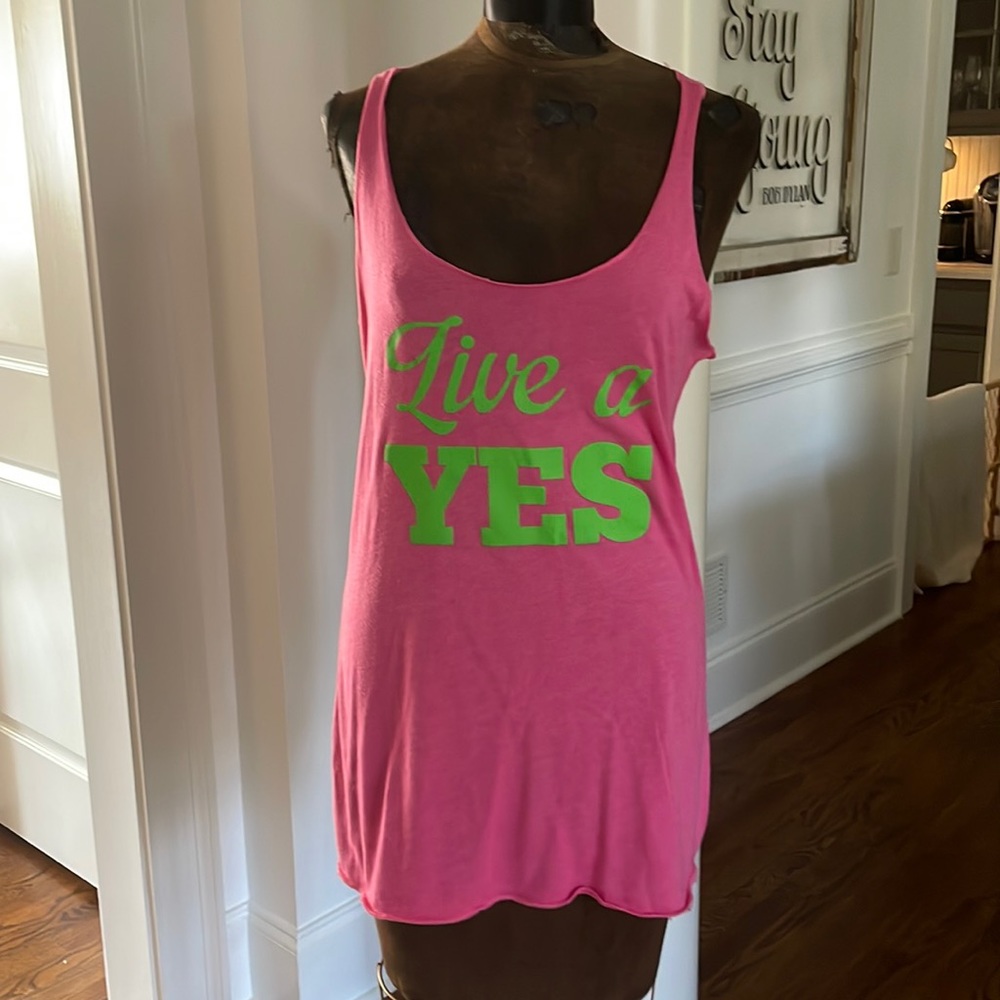“Live A Yes” Theme Tank in Pink with Green Lettering - FINAL SALE